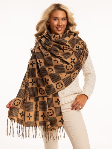 Szal w kratkę z kwiatami - karmel