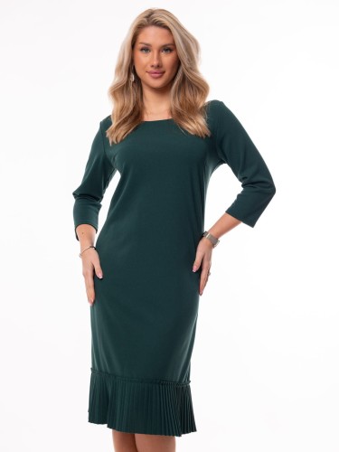 Elegancka Wizytowa SUKIENKA Midi Prosta Z Plisowaną Falbaną Emerald