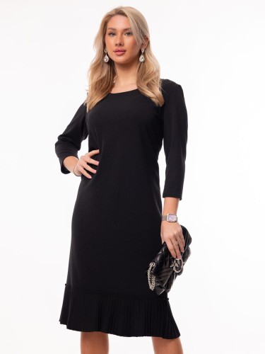 Elegancka Wizytowa SUKIENKA Midi Prosta Z Plisowaną Falbaną Black