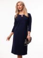 Elegancka Prosta SUKIENKA Midi Dekolt Ozdoba Łezka Navy