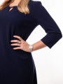 Elegancka Prosta SUKIENKA Midi Dekolt Ozdoba Łezka Navy