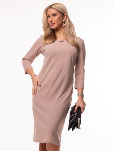 Elegancka Prosta SUKIENKA Midi Dekolt Ozdoba Łezka Nude