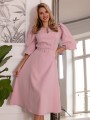 Elegancka Sukienka Selina z paskiem -pudrowa