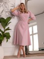 Elegancka Sukienka Selina z paskiem -pudrowa
