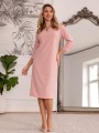 Elegancka Prosta SUKIENKA Midi Dekolt Ozdoba Łezka Pudrowa