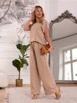 Elegancki Komplet Bluzka Spodnie ala len - beige