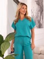 Elegancki Komplet Bluzka Spodnie ala len - turquoise