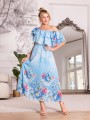 Sukienka koktajlowa hiszpanka ROSEMARY - kwiaty blue