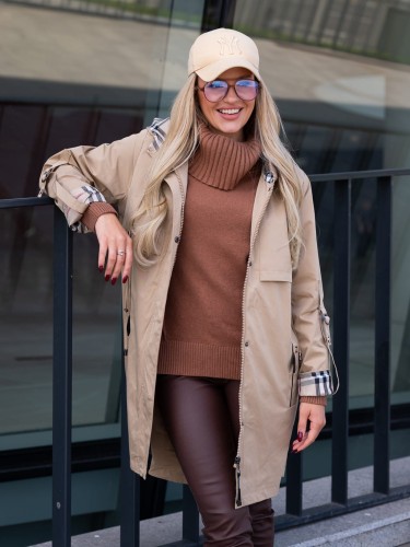 KURTKA parka podszewka w kratę FELICE - beige