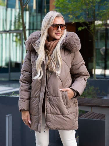 KURTKA pikowana z futrem KORI - orzechowy