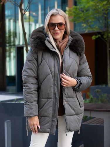 KURTKA pikowana z futrem KORI - szary