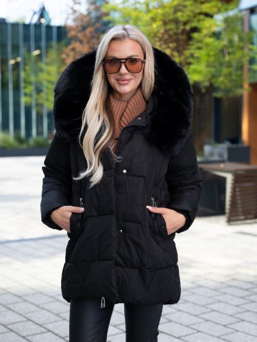Pikowana KURTKA z futrem LIA - czarny