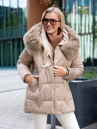Pikowana KURTKA z futrem LIA - latte