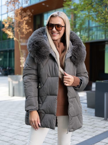 Pikowana KURTKA z futrem LIA - szary