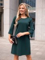 Elegancka Prosta SUKIENKA Midi ozdobne rękawy szmaragdowa