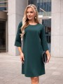 Elegancka Prosta SUKIENKA Midi ozdobne rękawy szmaragdowa