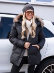 Pikowana KURTKA z futrzanym kapturem CERISE - czarny