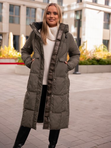 KURTKA Pikowana DŁUGA z kapturem EVIE - Khaki