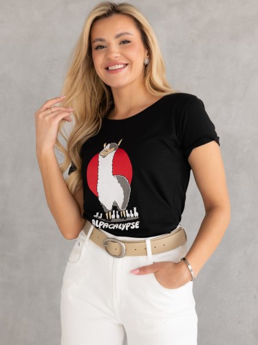 Bawełniany T-shirt z nadrukiem lama NAYLA - Czarny
