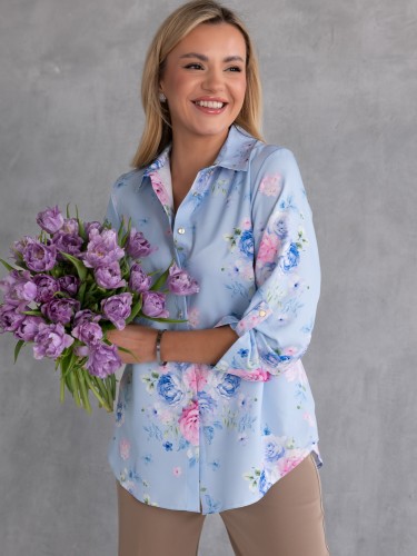 BLUZKA Koszulowa KWIATY Elegancka SURI - Błękit