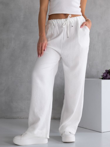 SPODNIE Ala LEN Luźne Casual PELAGIA - Biel