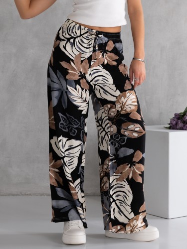 SPODNIE Szerokie LIŚCIE Wiązanie MERINA - Czarny