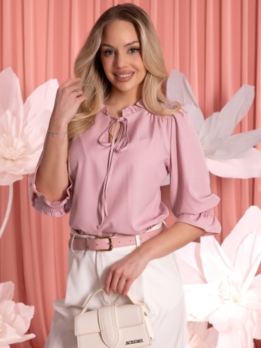 BLUZKA Stójka FALBANKI Wiązanie JANIRA - Magnolia
