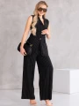 Elegancki KOMPLET Lniany PASKI Guzik LEYLA - black