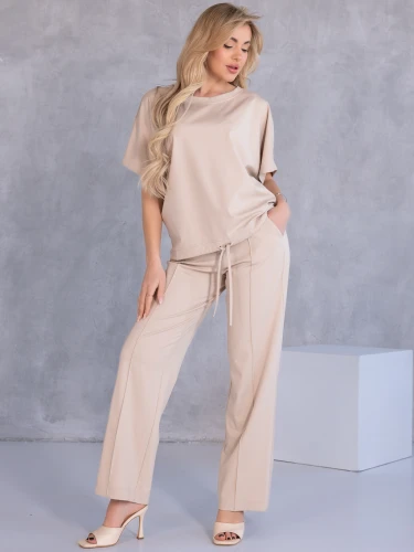 KOMPLET Spodnie PRZESZYCIA Bluzka Ściągacz KORALIA - beige