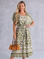 SUKIENKA Midi OVERSIZE Ornament CAROLA - olive