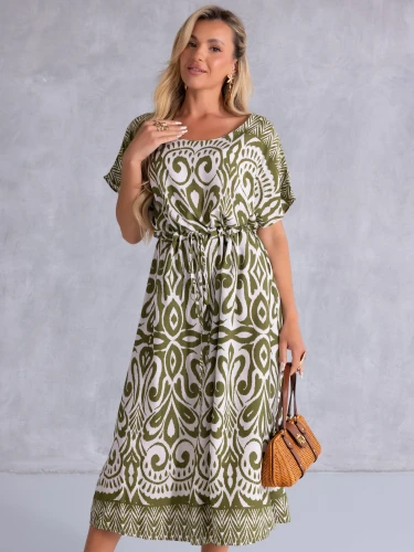 SUKIENKA Midi OVERSIZE Ornament CAROLA - olive