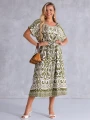 SUKIENKA Midi OVERSIZE Ornament CAROLA - olive