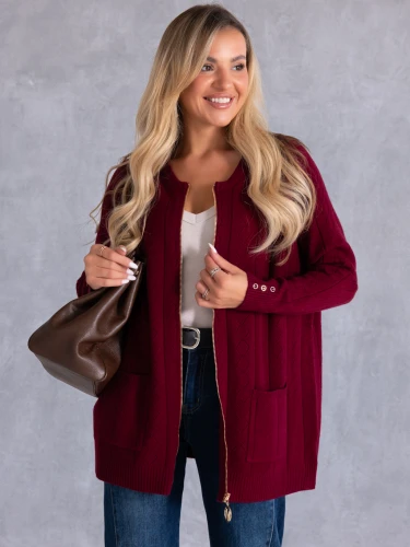 KARDIGAN Sweter ZAMEK Kieszenie SIMONA - Bordo