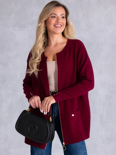 Sweter KARDIGAN ZAMEK Kieszenie VALESKA - Bordo