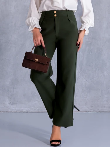 SPODNIE Eleganckie ZŁOTE Guziki AYSHA - Khaki