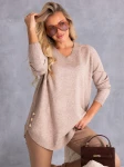 SWETER Złote GUZIKI Dekolt Serek ALISS - Beige