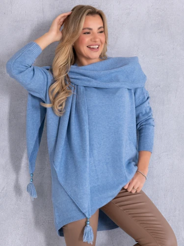 SWETER Frędzle SZAL Kieszenie KELSEY - Blue