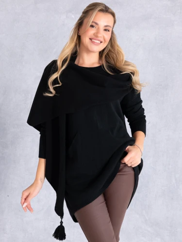 SWETER Frędzle SZAL Kieszenie KELSEY - Czarny