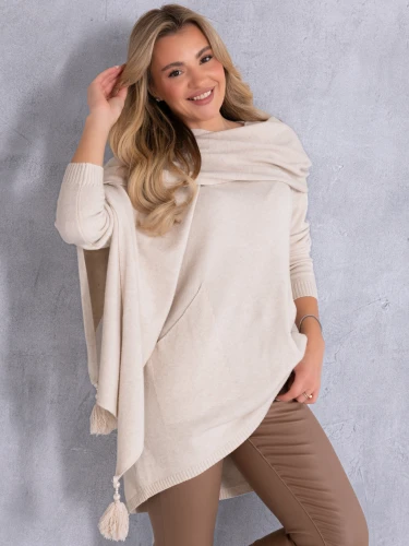 SWETER Frędzle SZAL Kieszenie KELSEY - Ecru