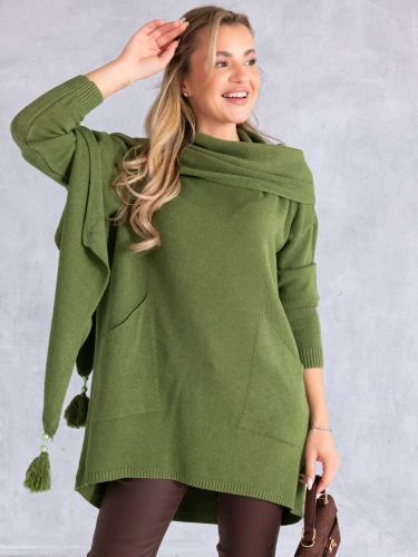 SWETER Frędzle SZAL Kieszenie KELSEY - Khaki