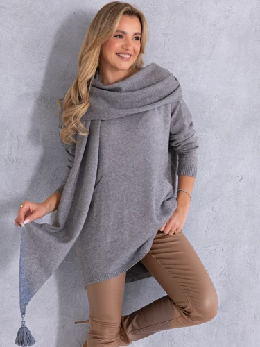 SWETER Frędzle SZAL Kieszenie KELSEY - Szary