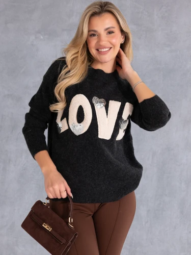 SWETER półgolf z napisem love i cekinami VALERIA - grafit