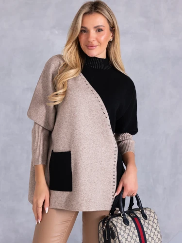 SWETER Kolorowy GOLF Kieszeń FRANKY - czerń i beż