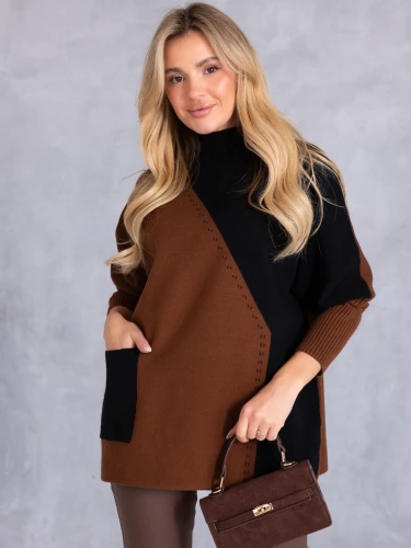 SWETER Kolorowy GOLF Kieszeń FRANKY - karmel i czerń