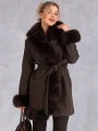 PŁASZCZ Elegancki FUTERKO Wiązany IZYDA - Czekolada