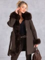 PŁASZCZ Elegancki FUTERKO Wiązany IZYDA - Czekolada