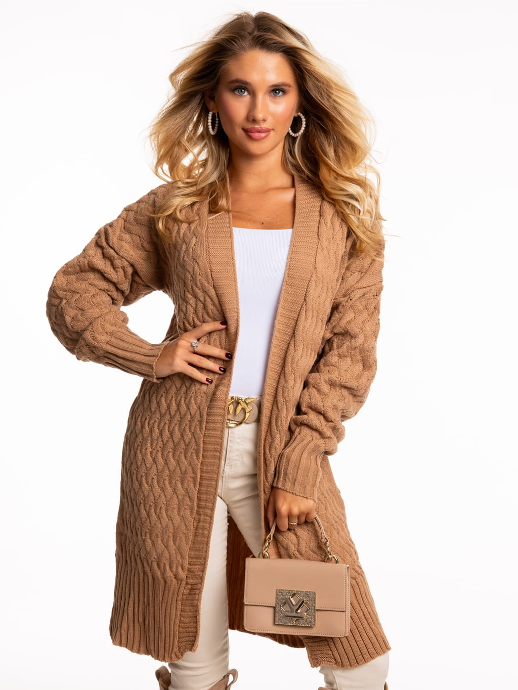 Kardigan pleciony warkocz - karmel