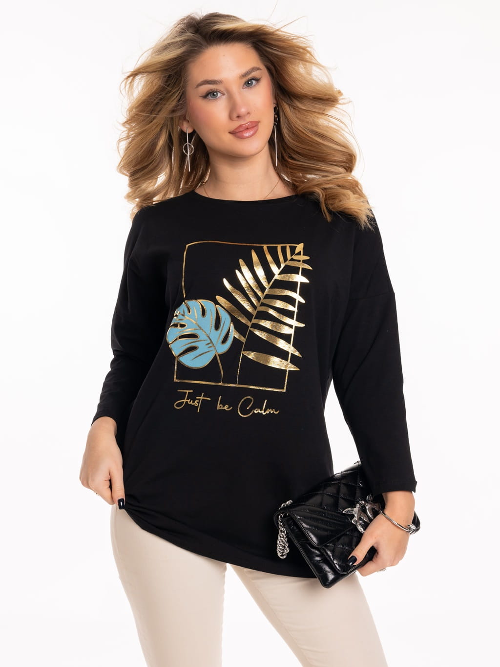 Bluzka złote liście plus size - czarna