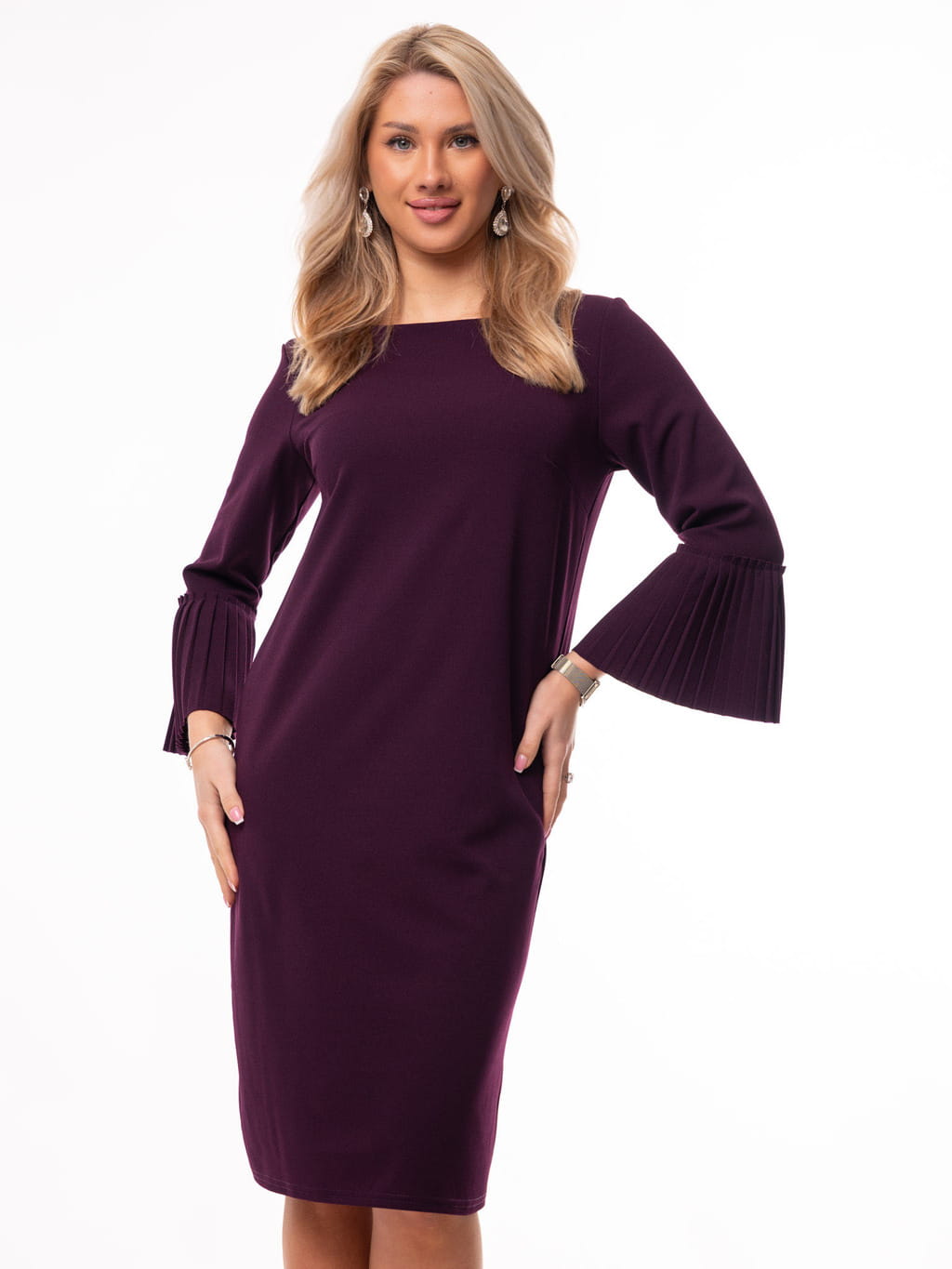 Elegancka Kobieca SUKIENKA Midi Prosta Piękne Rękawy Plisowane Violet