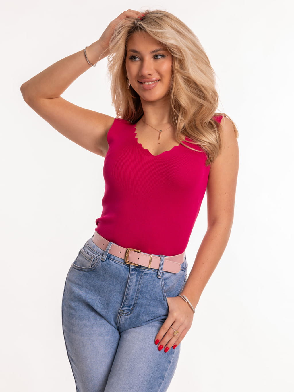 Bluzka w prążek na ramiączkach - fuksja